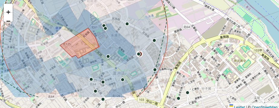 同業競爭地圖:以該地址為中心畫圓、村里 choropleth、附近 16 家同業位置